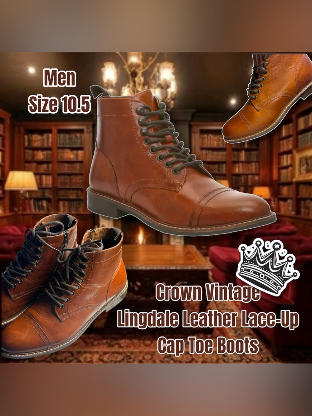 Crown Vintage Men’s Lingdale Leather Cap Toe Lace-Up Boots, Size 10.5, Cognac